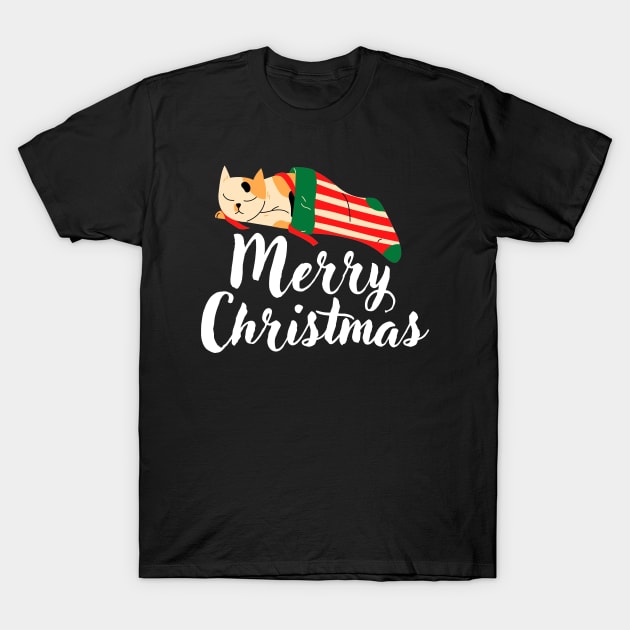 Merry christmas cute cat sleeping in a sock T-Shirt by Jenmag